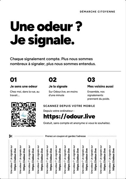 “Une odeur ? Je signale.” — flyer with tear-off strips (in French)